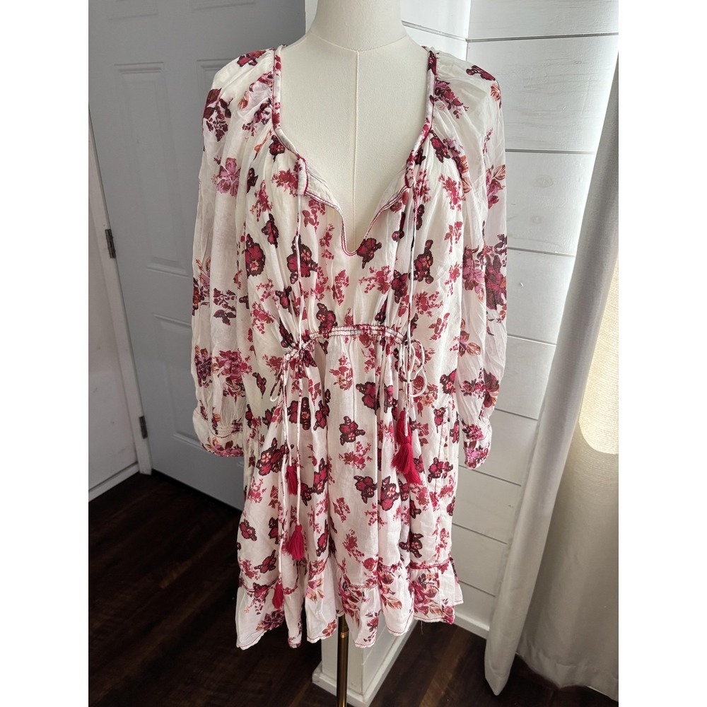 Free People Dress Womens Medium White Floral V Neck Tassel Boho Swing Mini